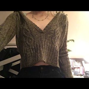 Vintage crop brown knit hooded sweater